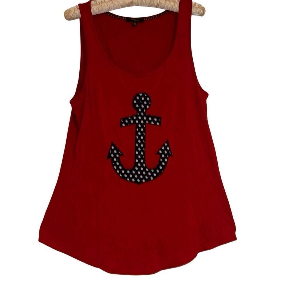 Cupio Red Sleeveless Embroidered Patch Anchor Stretch Tank Top Ladies Medium